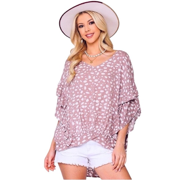 Womens Ruffle Sleeve Mauve & White GiGio Dot Print Tassel Tie HiLo Oversized Top - Picture 1 of 16